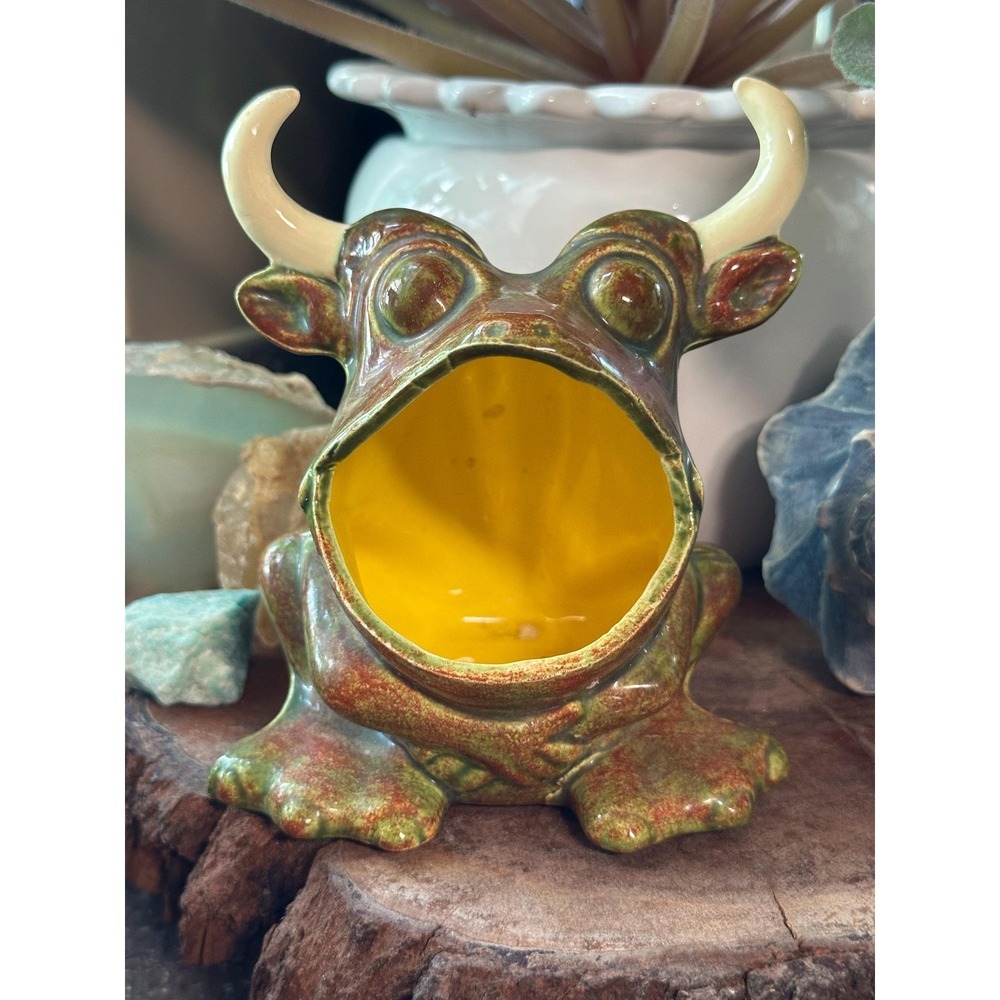 VTG Ceramic Bullfrog Horned Frog Kitchen Sink Caddy 1970s Handmade Pottery